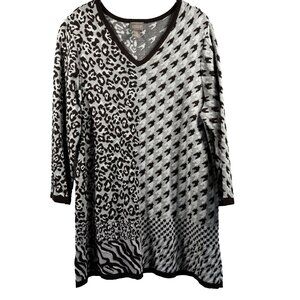 Chicos Women's Sweater L Brown White Mixed Prints Animal Herringbone Slits Tunic